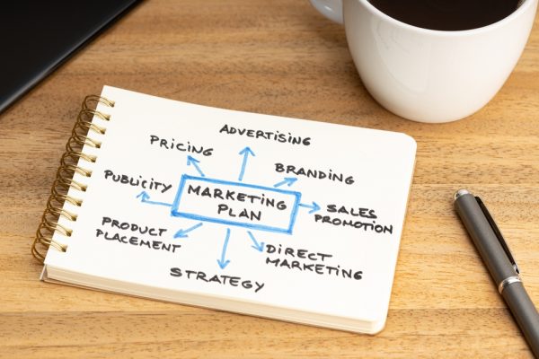 Marketing plan graph on notepad and coffee cup on wooden desk. Marketing strategy concept